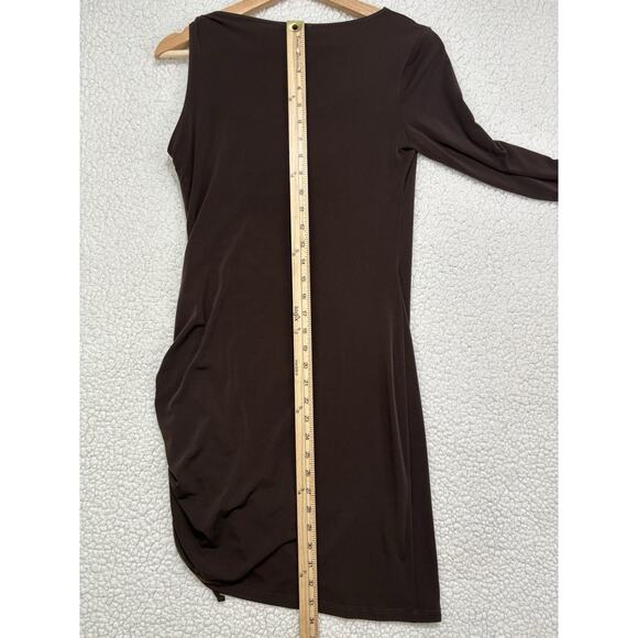 Caché Y2K One Sleeve Chocolate Dress Size S Ruched Gold Chain Asymmetric Bodycon - Picture 6 of 6